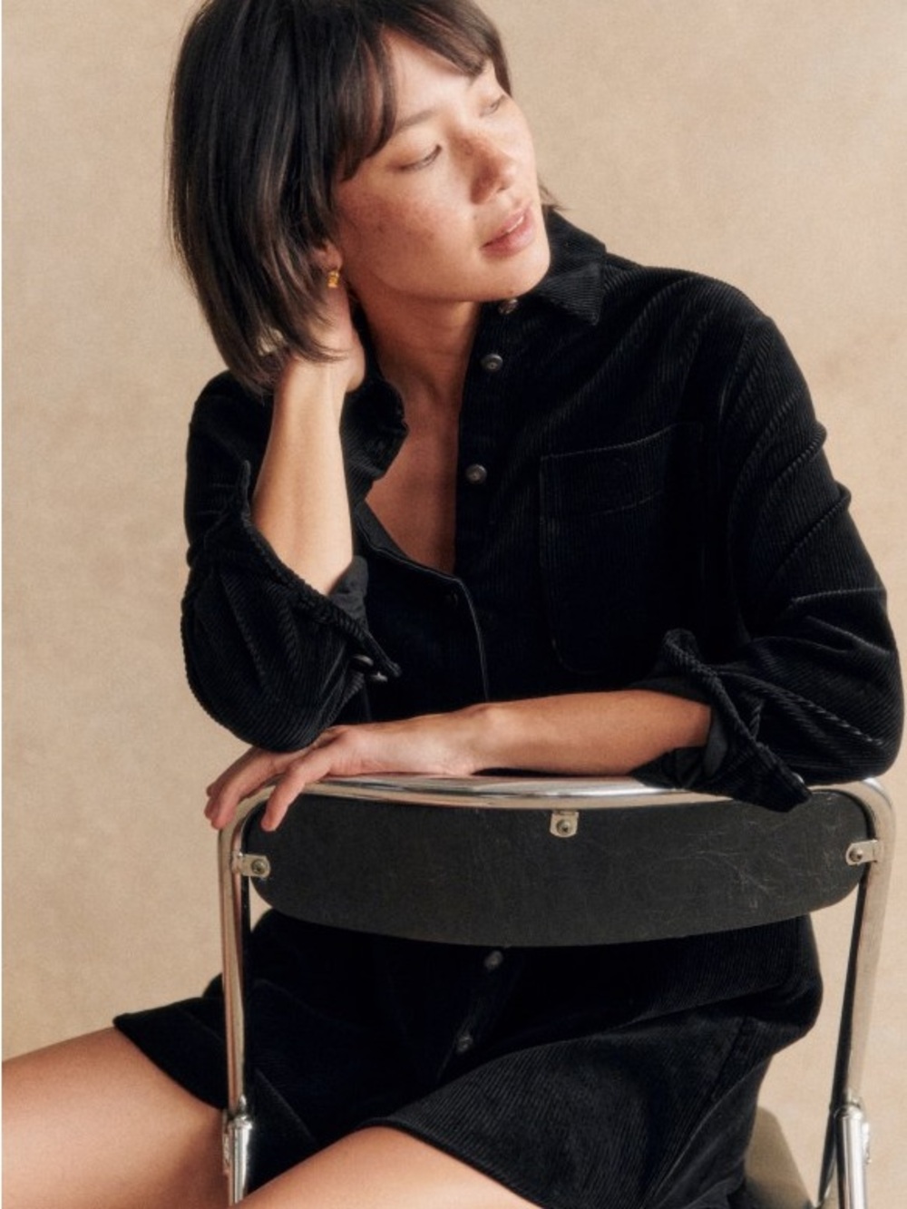 SEZANE Black Velvet Corduroy Button Down Long Sleeve Mini Sadie Shirt Dress - Picture 7 of 14